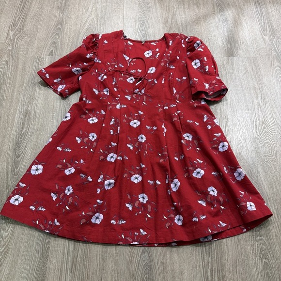 Free People Dresses & Skirts - Free People Adelle Tunic Dress Womens L Large Red Floral Puff Sleeves Tie Front